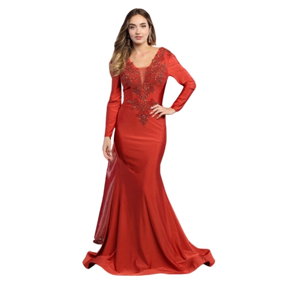 Rust Prom Long Plunging V-Neck Long Sleeve Trumpet Dress By May Queen MQ1772
